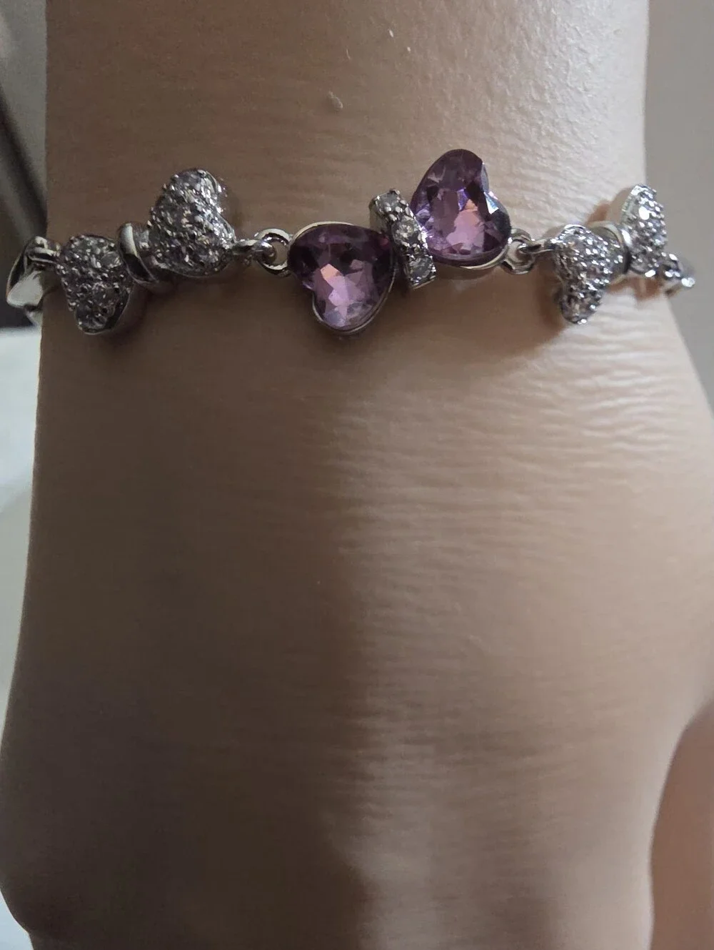 Sterling Silver Purple Heart Bracelet, 925 Silver Heart Link Bracelet, Lavender